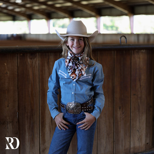 *youth* Light Wash Stretch Denim Stitched Performance Rodeo Shirt