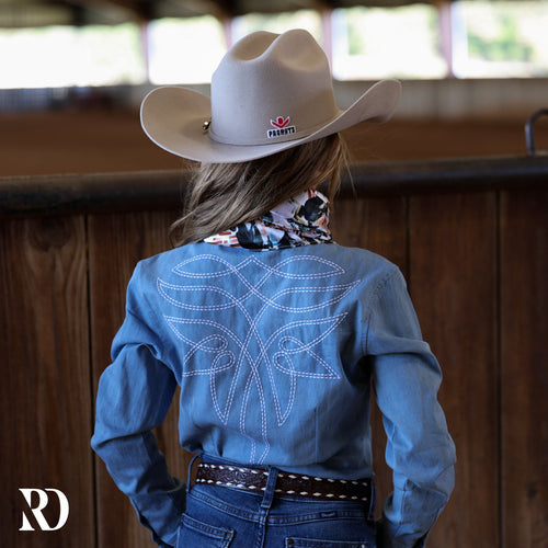 *youth* Light Wash Stretch Denim Stitched Performance Rodeo Shirt — view 2