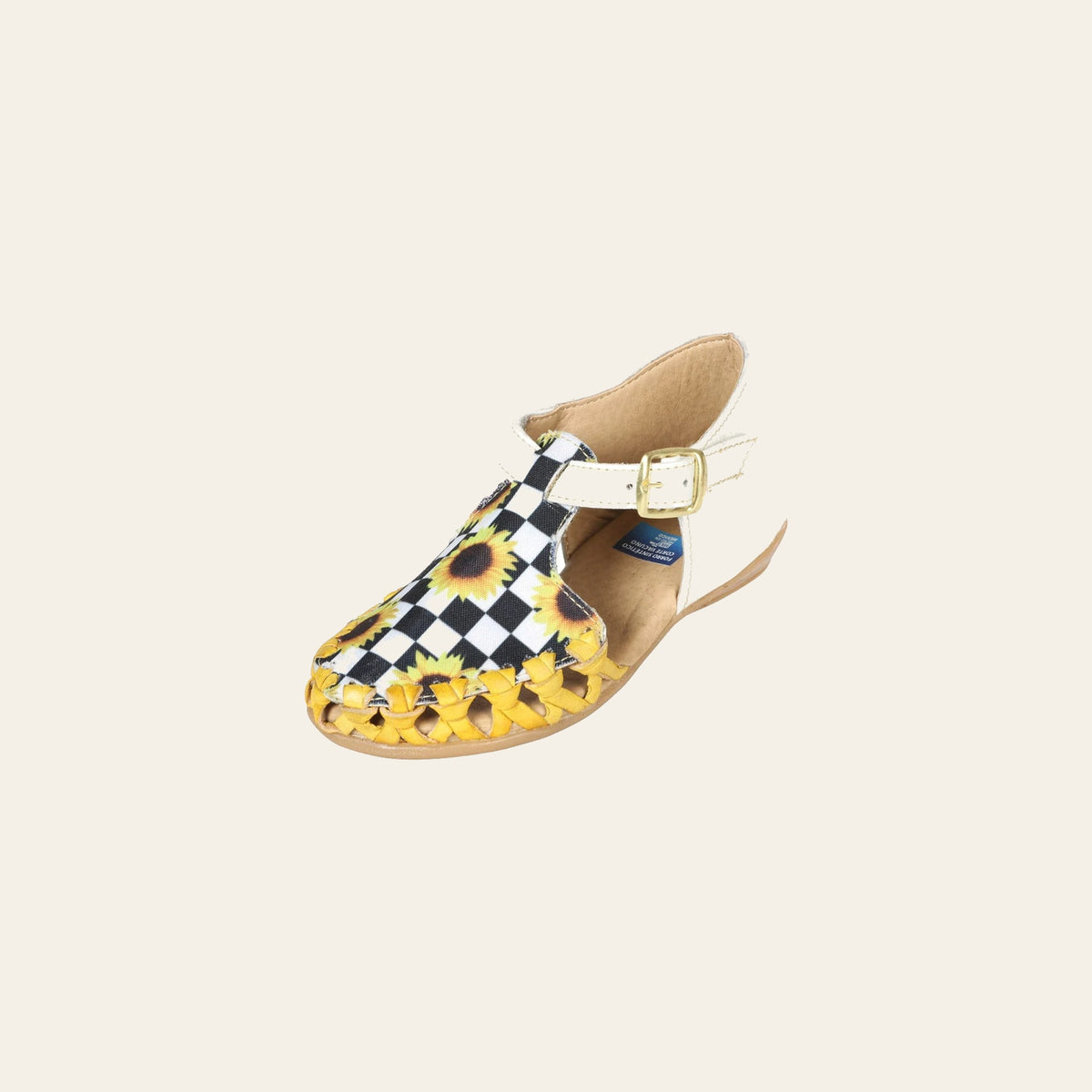 Artisanal Mexican Sandals Leather White/Yellow 603281 on a warm cream background