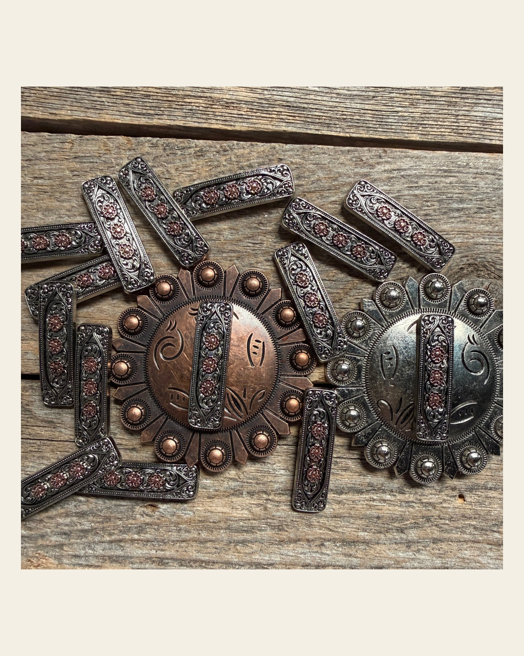 Antique Silver and Copper Flower Rectangle Concho #W268 on a warm cream background