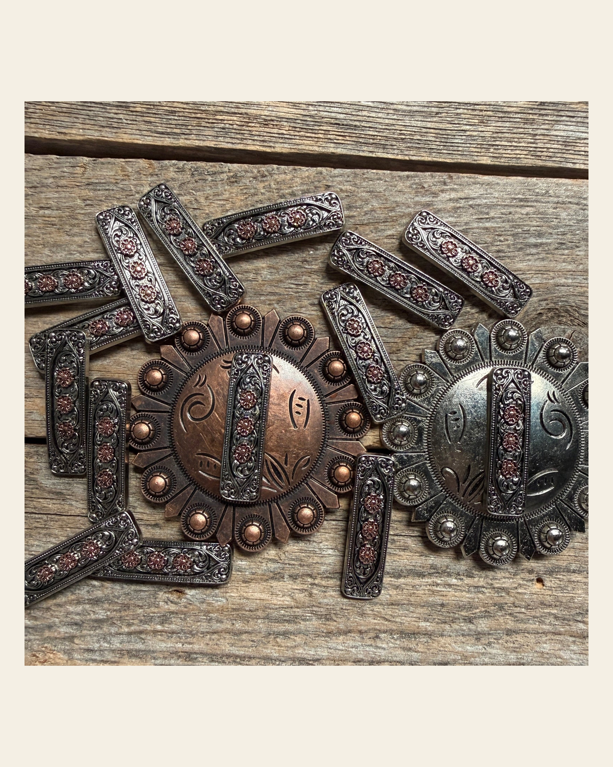 Antique Silver and Copper Flower Rectangle Concho #W268 on a warm cream background