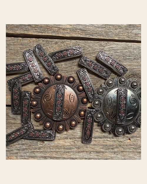 Antique Silver and Copper Flower Rectangle Concho #W268 on a warm cream background