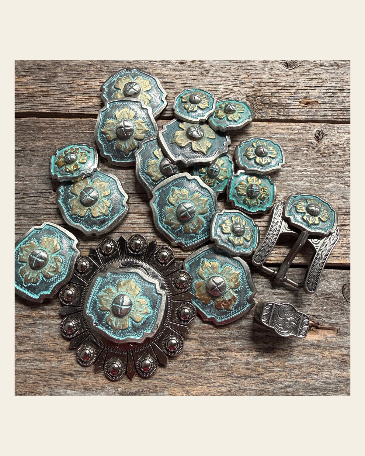 A Touch of Turquoise Western Concho W109 on a warm cream background
