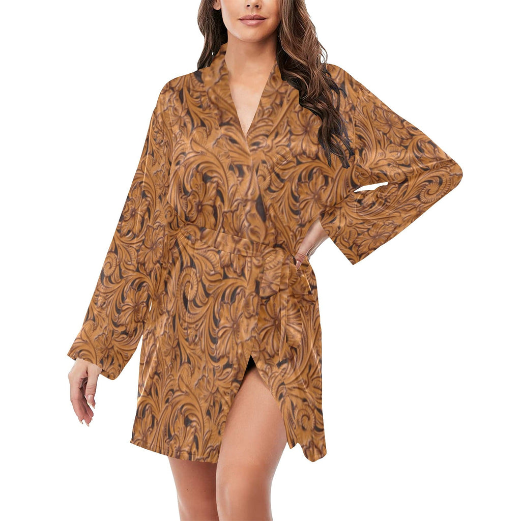 Baha Ranch Tooled Leather Print Bronc Women's Long Sleeve Belted Satin Feel Dressing Lounge Robe by Baha Ranch Western Wear