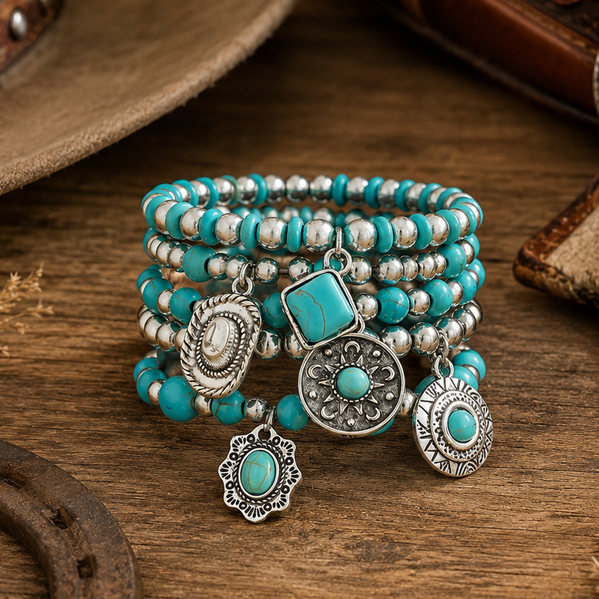 Silver and Fashion Turquoise Charm Bracelet Stack