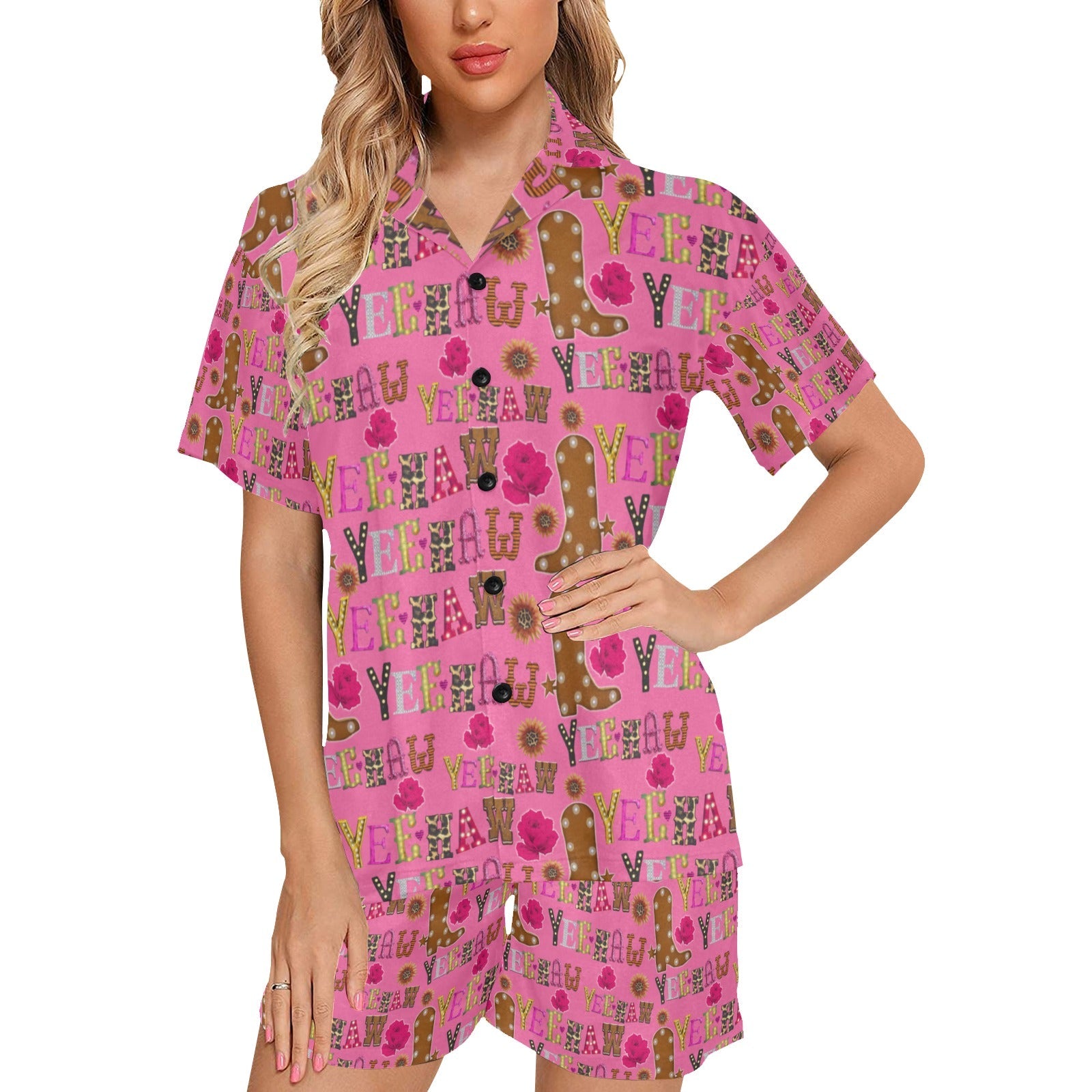Baha Ranch Pink Yeehaw Women's Western Pajama Set by Baha Ranch Western Wear