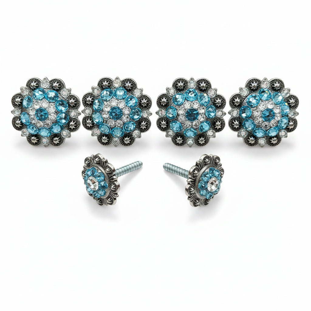 Antique Silver Aqua & Clear Saddle Conchos — view 2