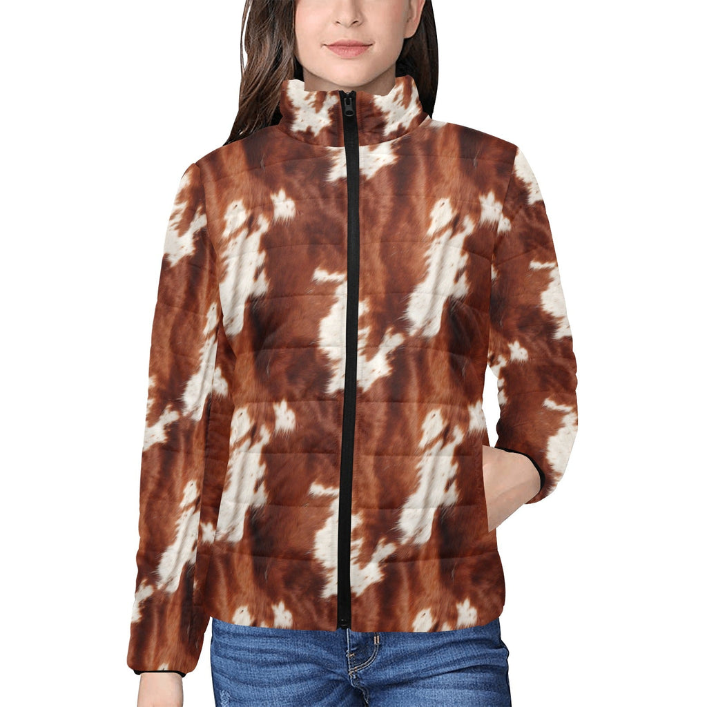 Brown Cow Print Women's Puffy Bomber Jacket by Baha Ranch Western Wear