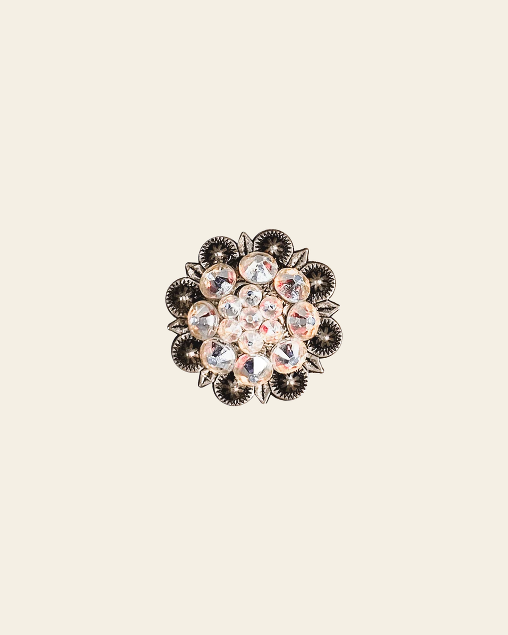 AB Antique Silver 1.25" European Crystal Concho on a warm cream background