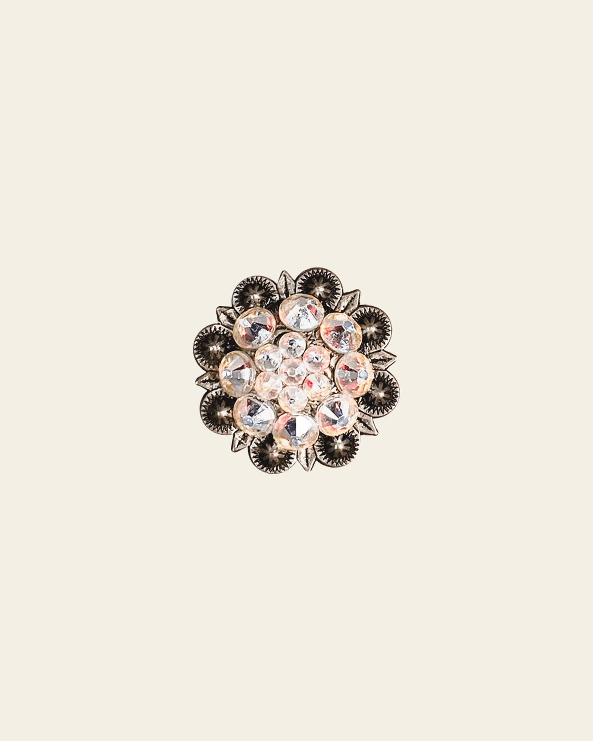 AB Antique Silver 1.25" European Crystal Concho on a warm cream background