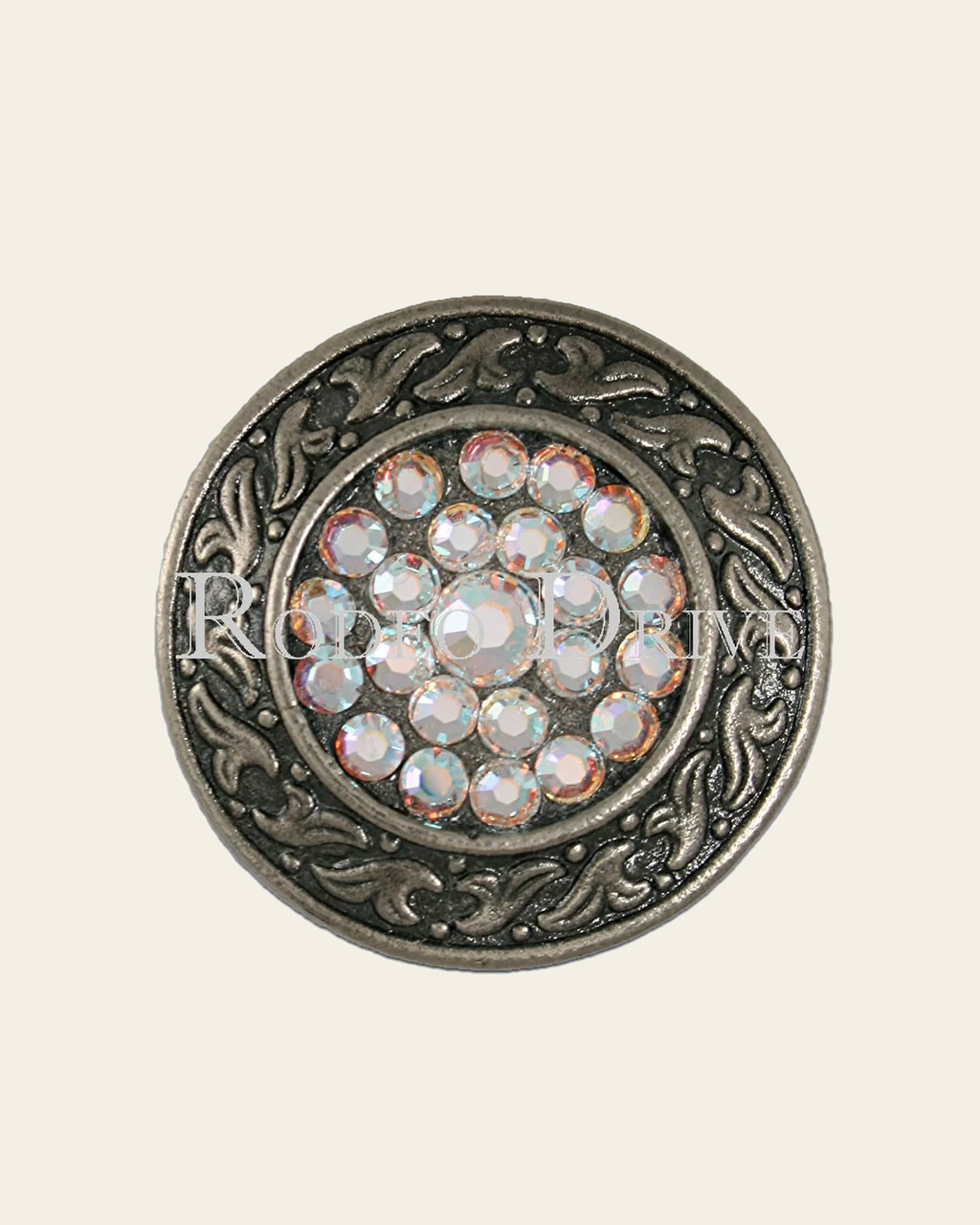 AB Antique Silver 1.5" Disc European Crystal Concho- on a warm cream background
