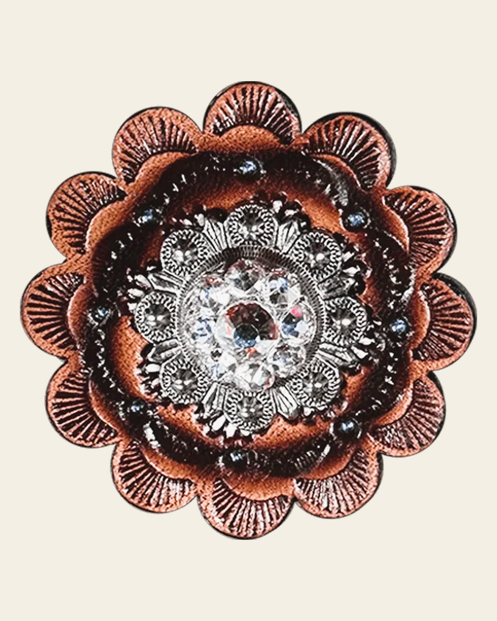 AB Antique Silver 1" European Crystal Concho and Leather Rosette on a warm cream background