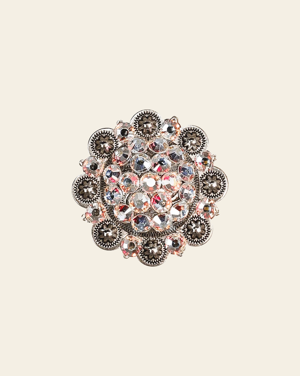 AB Antique Silver 2" European Crystal Concho on a warm cream background