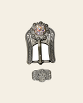 AB Antique Silver European Crystal Buckle Keeper Set on a warm cream background