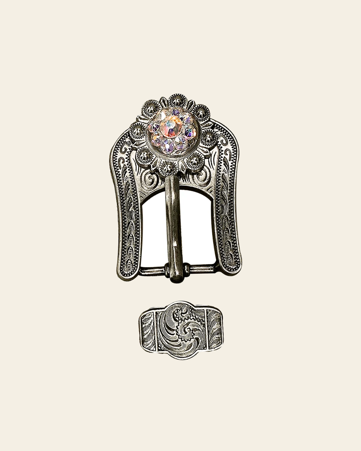 AB Antique Silver European Crystal Buckle Keeper Set on a warm cream background