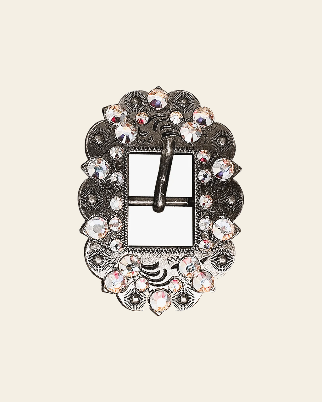 AB Antique Silver European Crystal Cart Buckle on a warm cream background