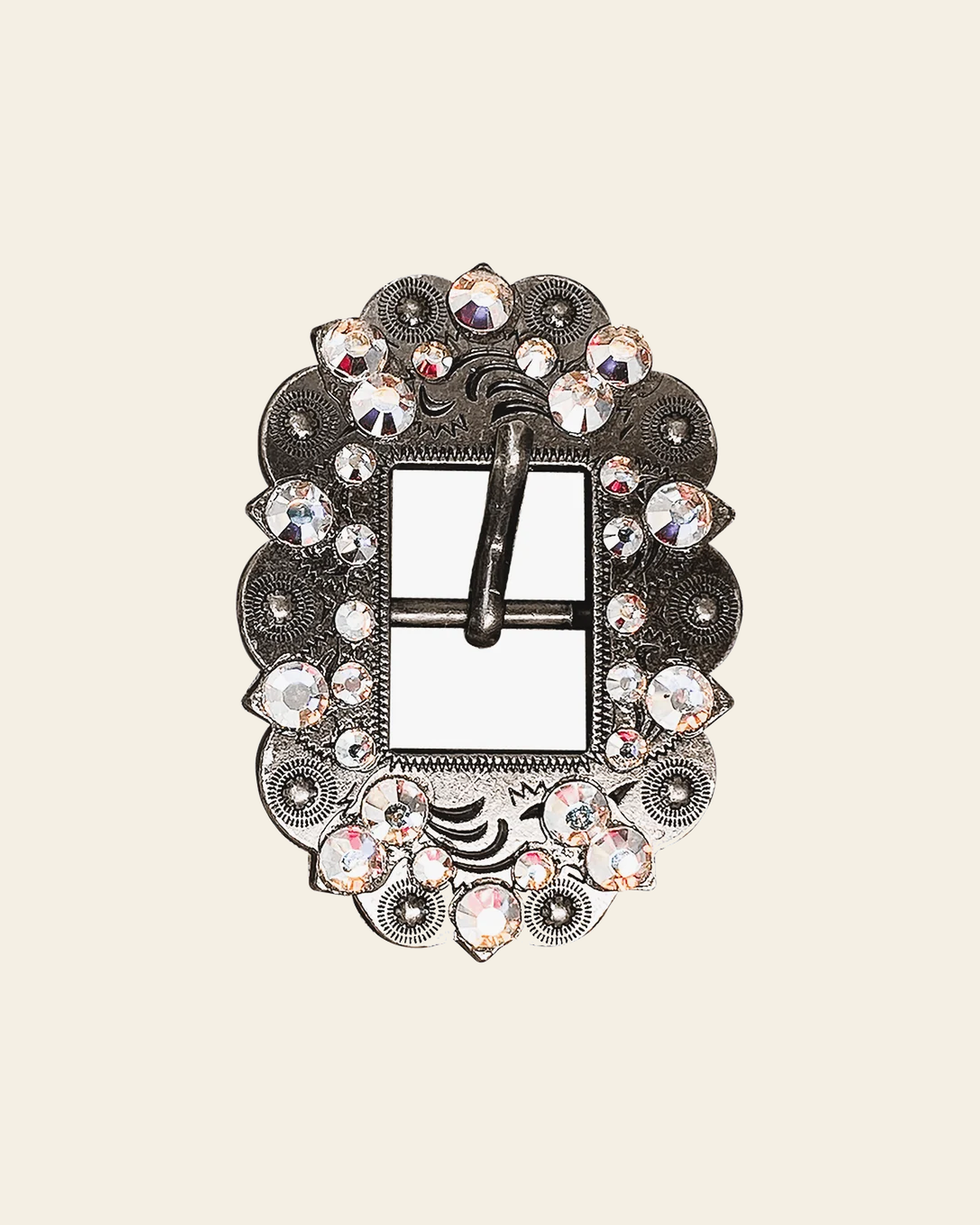 AB Antique Silver European Crystal Cart Buckle on a warm cream background