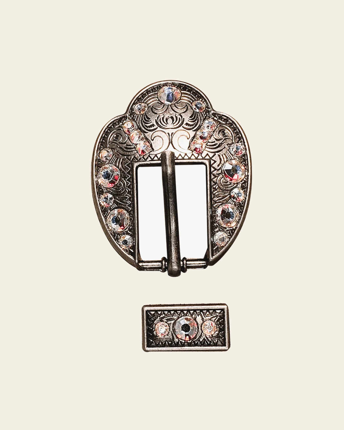 AB Antique Silver European Crystal Fancy Buckle on a warm cream background