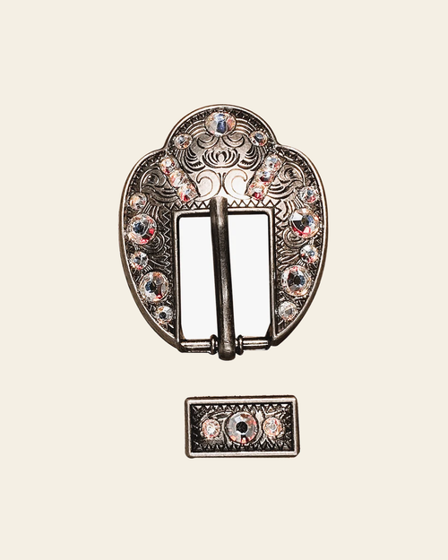 AB Antique Silver European Crystal Fancy Buckle on a warm cream background