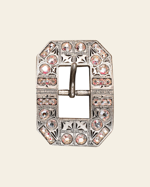 AB Antique Silver European Crystal Square Cart Buckle on a warm cream background