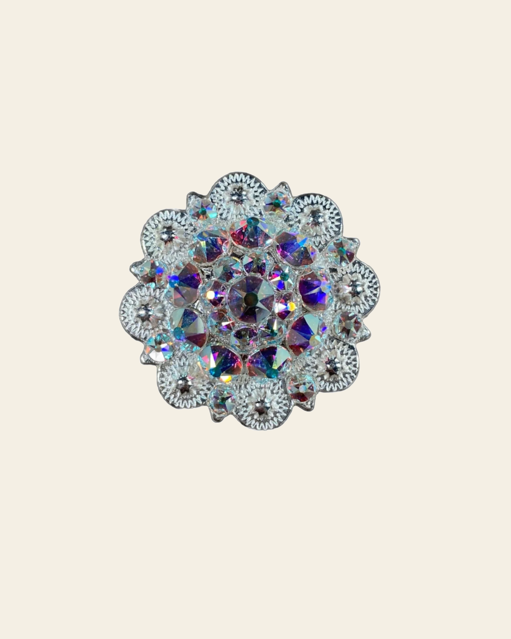 AB Bright Silver 1.5" European Crystal Concho on a warm cream background