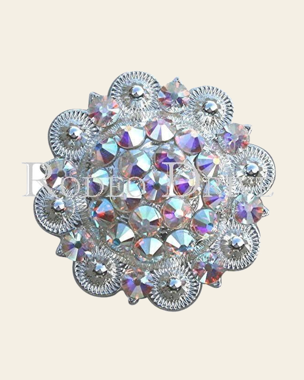 AB Bright Silver 2" European Crystal Concho on a warm cream background