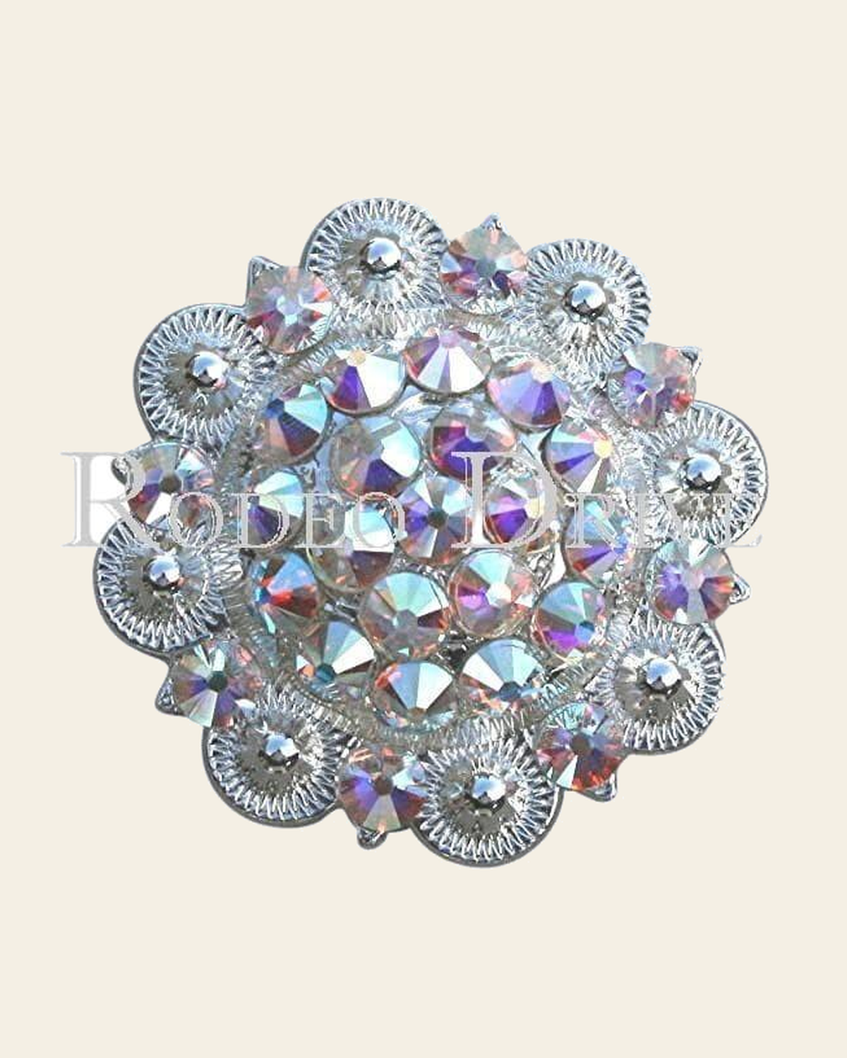 AB Bright Silver 2" European Crystal Concho on a warm cream background