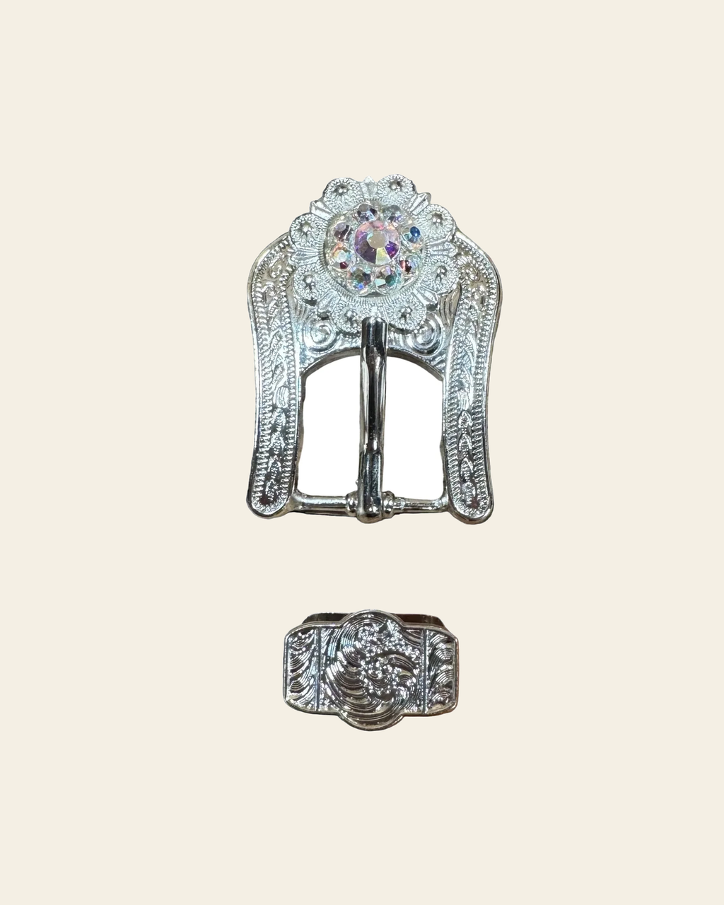 AB Bright Silver European Crystal Buckle Keeper Set on a warm cream background