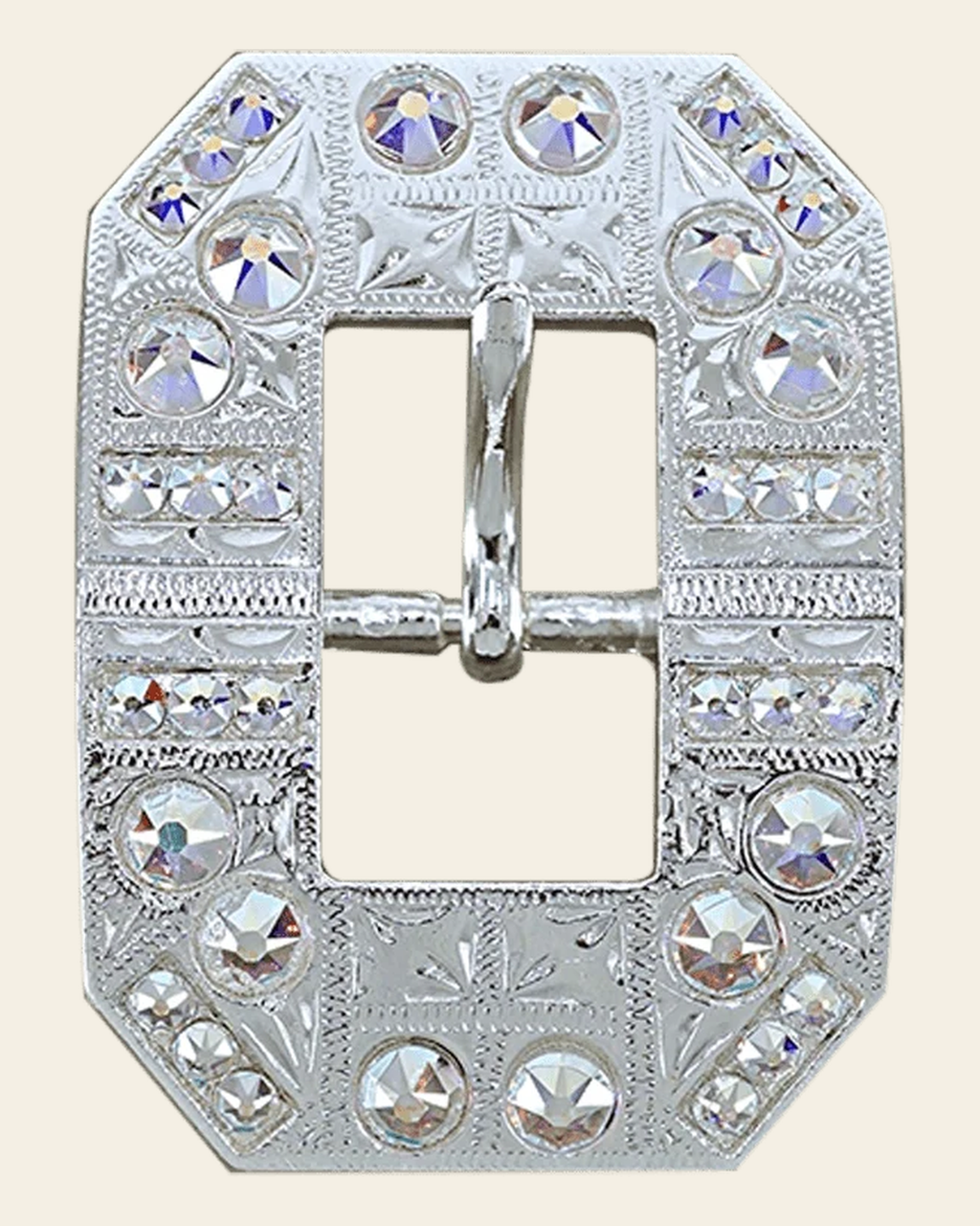 AB Bright Silver European Crystal Square Cart Buckle on a warm cream background