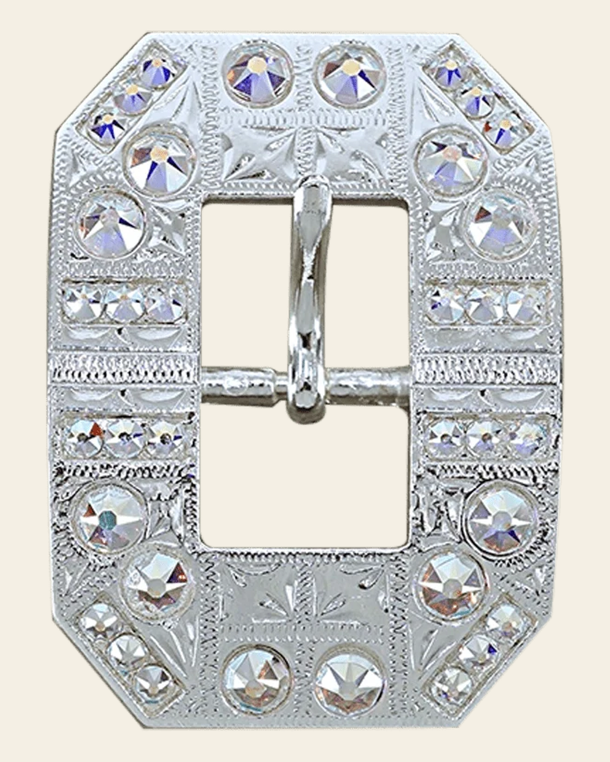 AB Bright Silver European Crystal Square Cart Buckle on a warm cream background