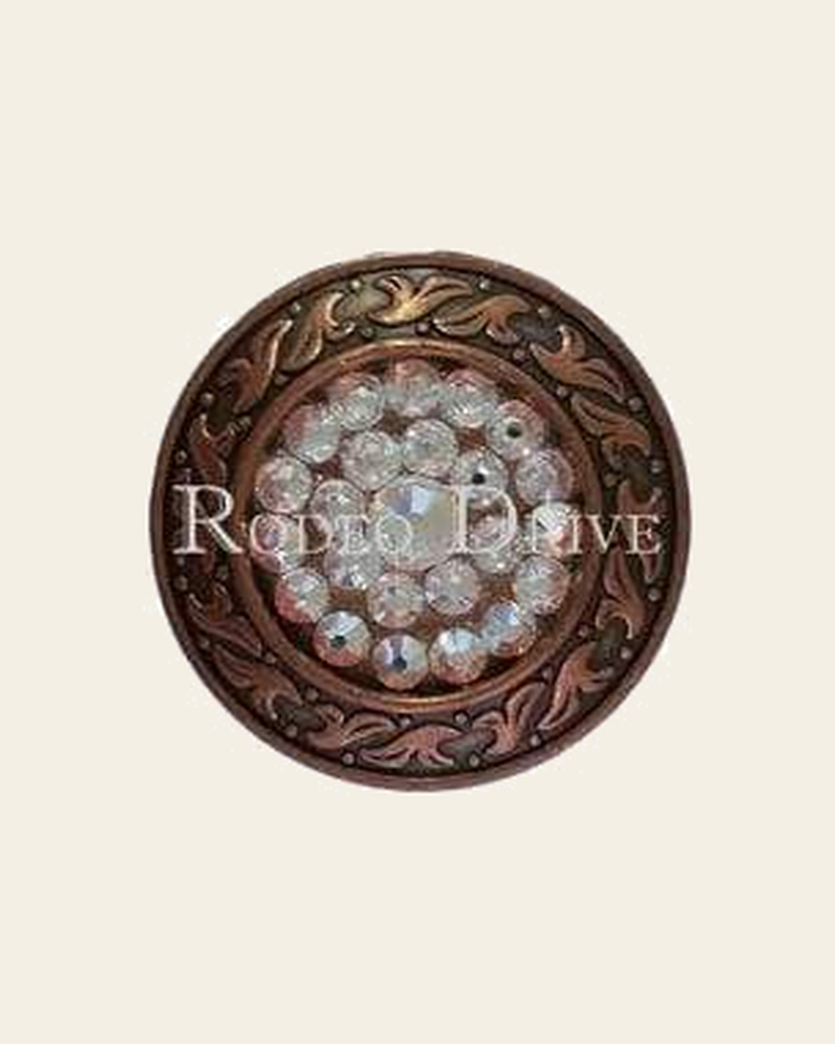 AB Copper 1.5" Disc European Crystal Concho on a warm cream background