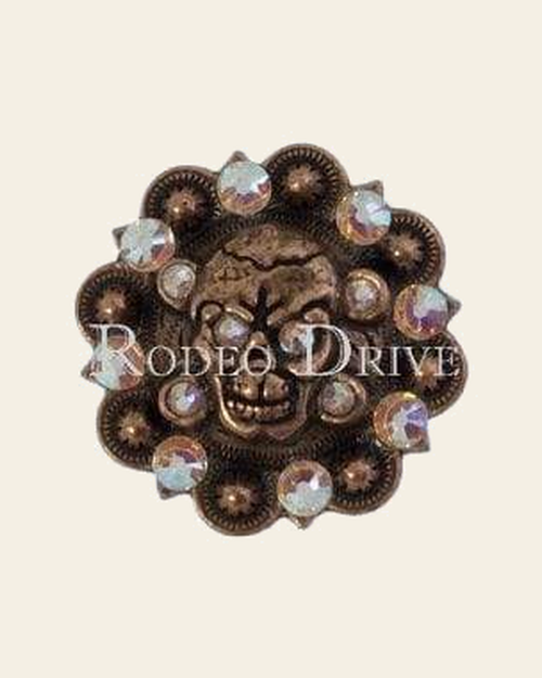 AB Copper 1.75" Skull European Crystal Concho on a warm cream background
