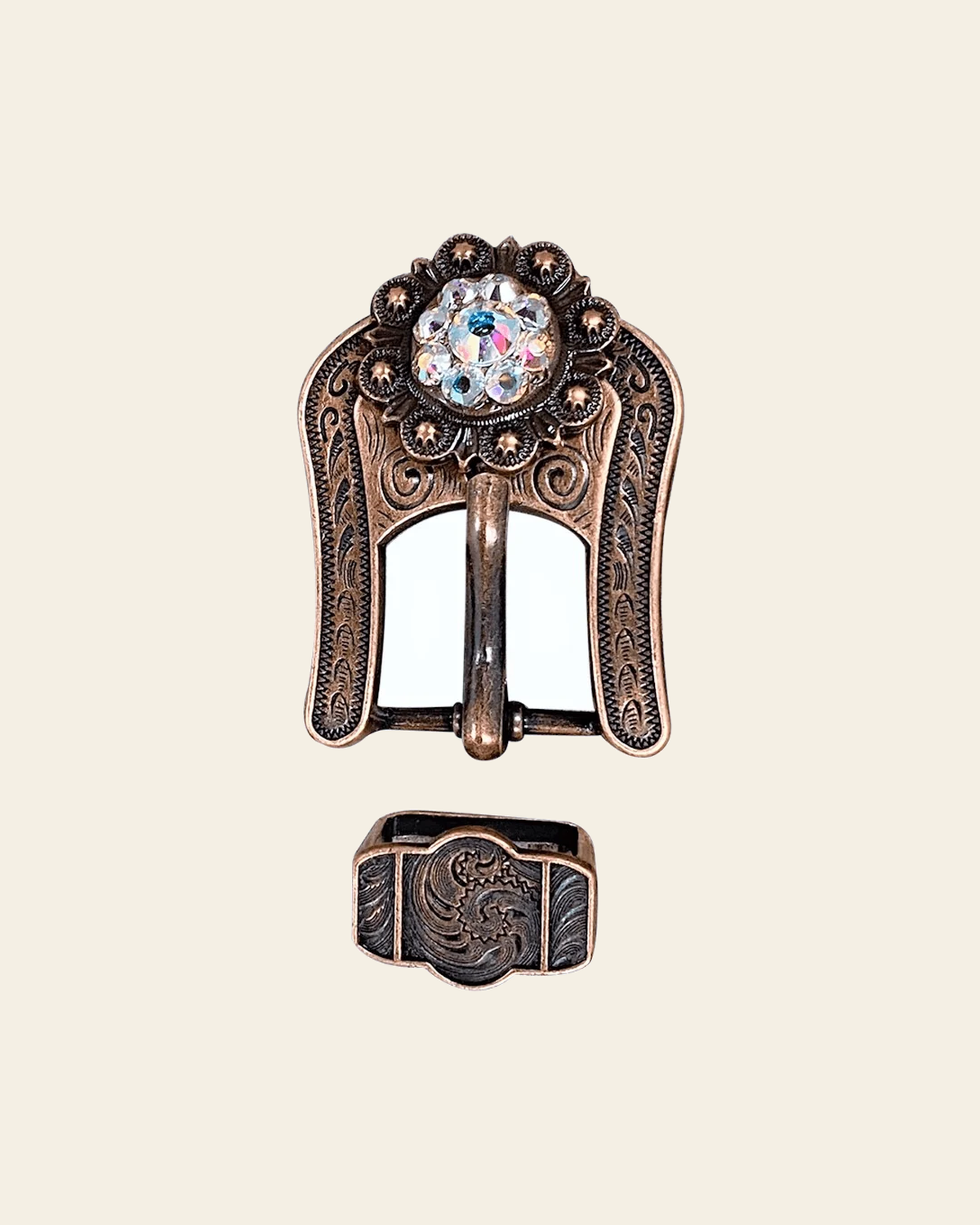 AB Copper European Crystal Buckle Keeper Set on a warm cream background