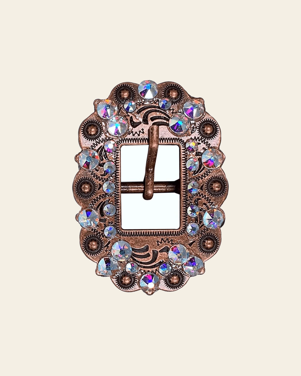 AB Copper European Crystal Cart Buckle on a warm cream background