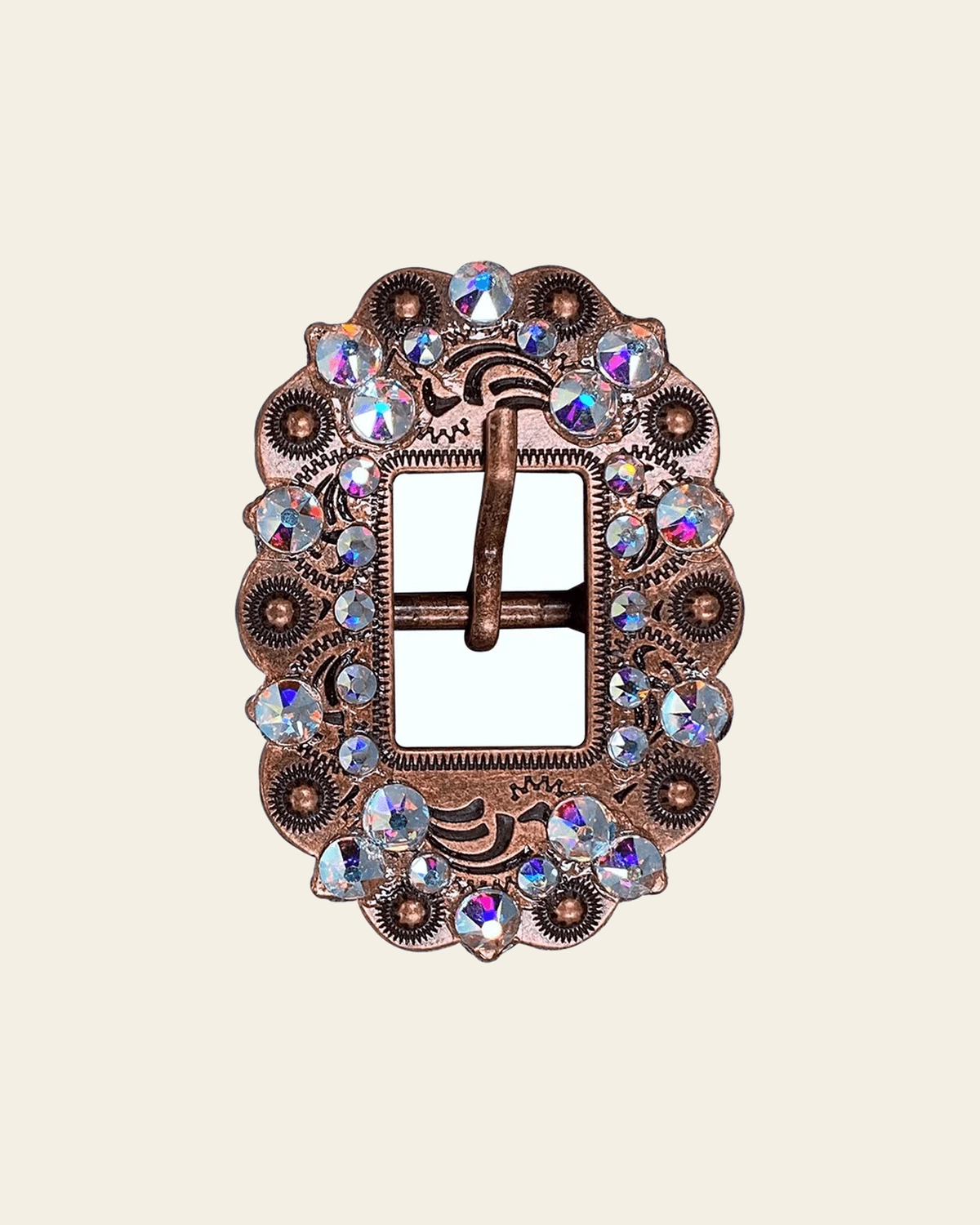 AB Copper European Crystal Cart Buckle on a warm cream background