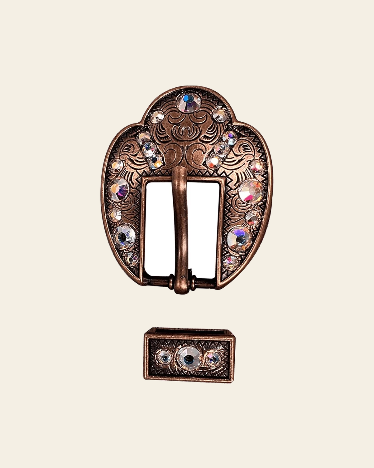 AB Copper European Crystal Fancy Buckle on a warm cream background