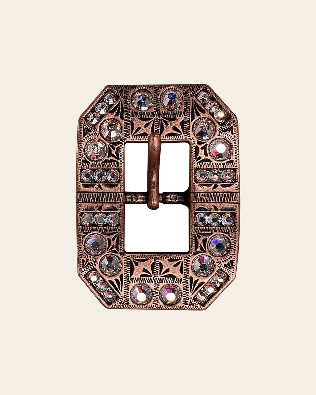 AB Copper European Crystal Square Cart Buckle on a warm cream background