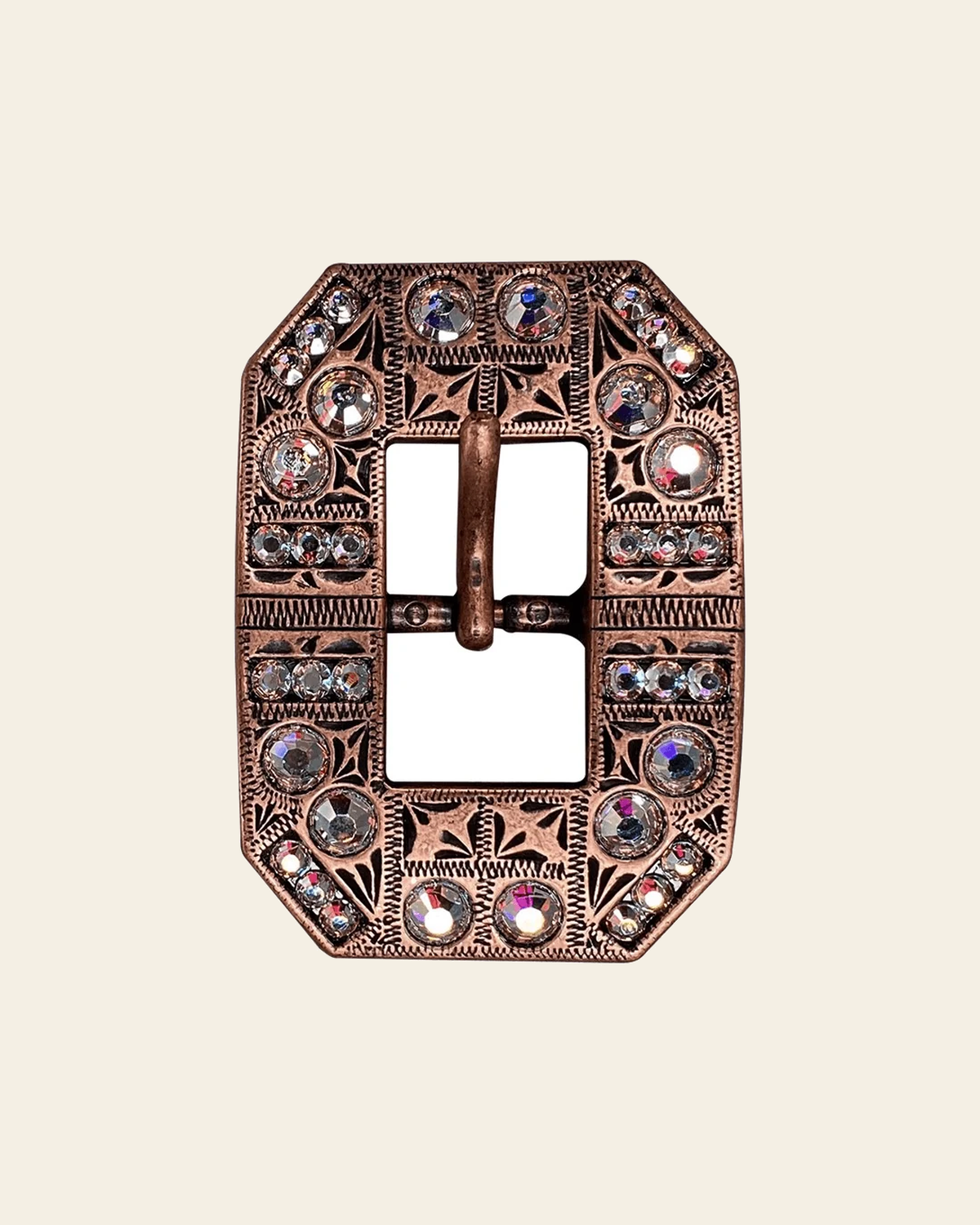 AB Copper European Crystal Square Cart Buckle on a warm cream background