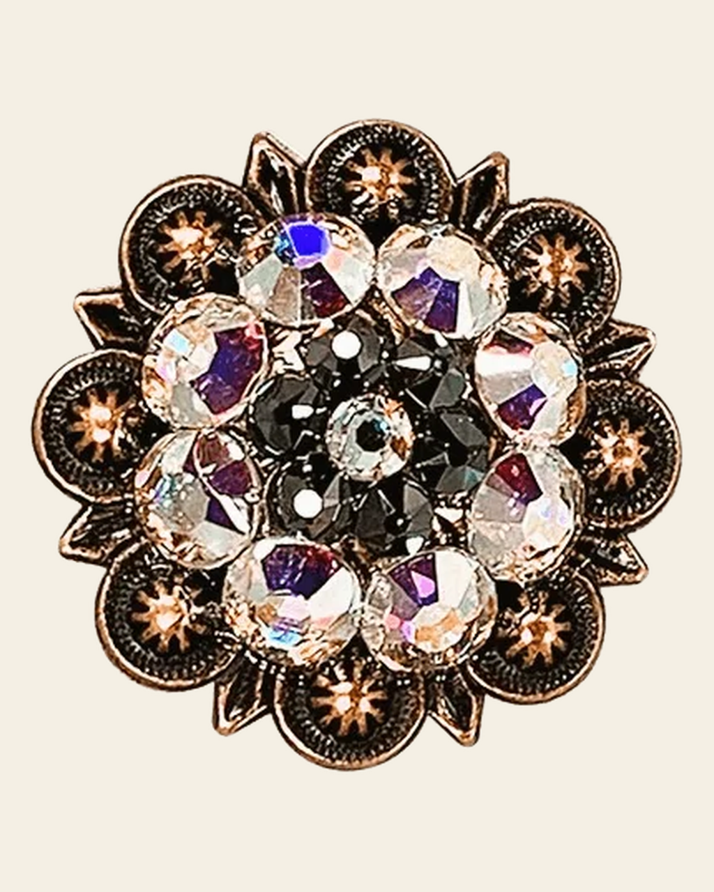 AB & Jet Copper 1.25" European Crystal Concho on a warm cream background