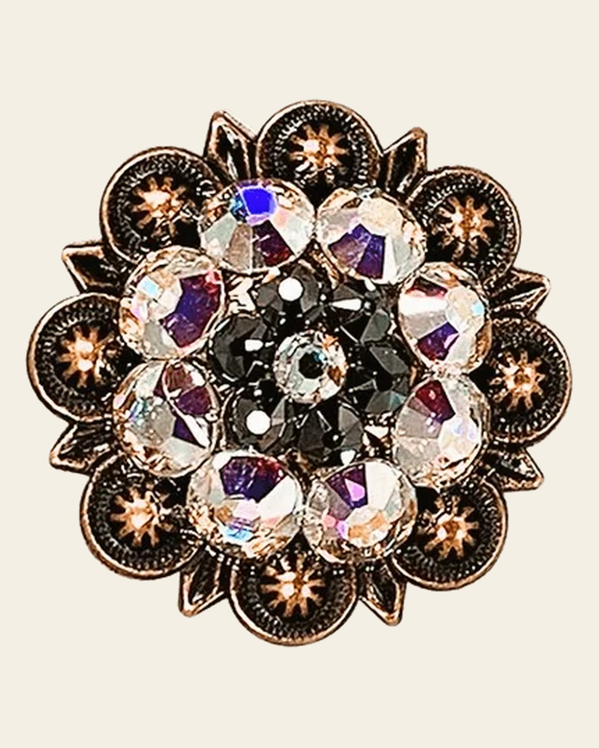 AB & Jet Copper 1.25" European Crystal Concho on a warm cream background