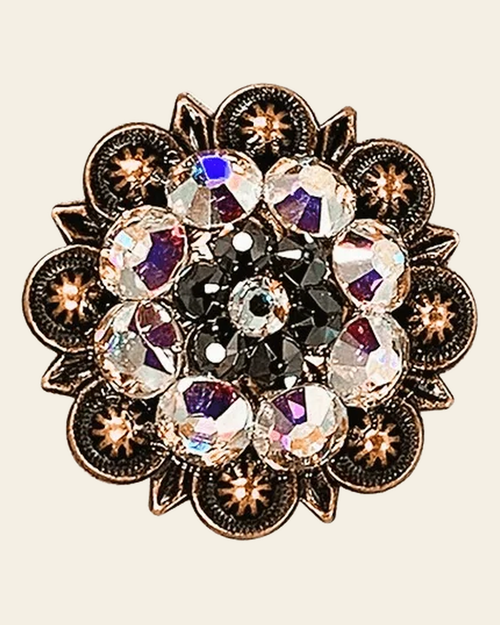 AB & Jet Copper 1.25" European Crystal Concho on a warm cream background