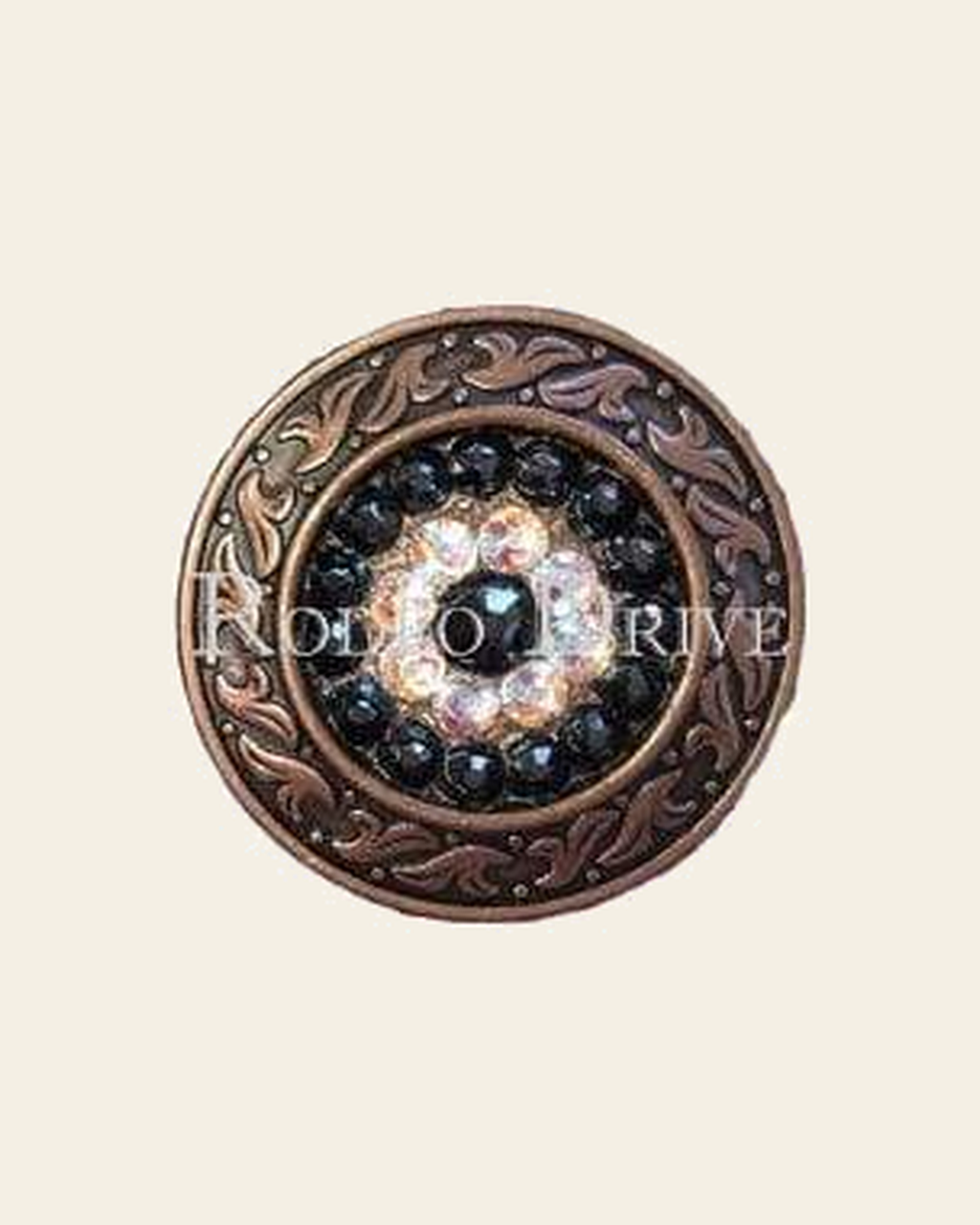 AB & Jet Copper 1.5" Disc European Crystal Concho on a warm cream background