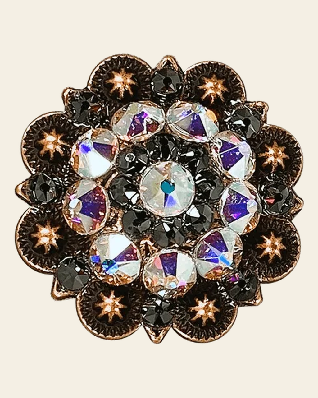 AB & Jet Copper 1.5" European Crystal Concho on a warm cream background