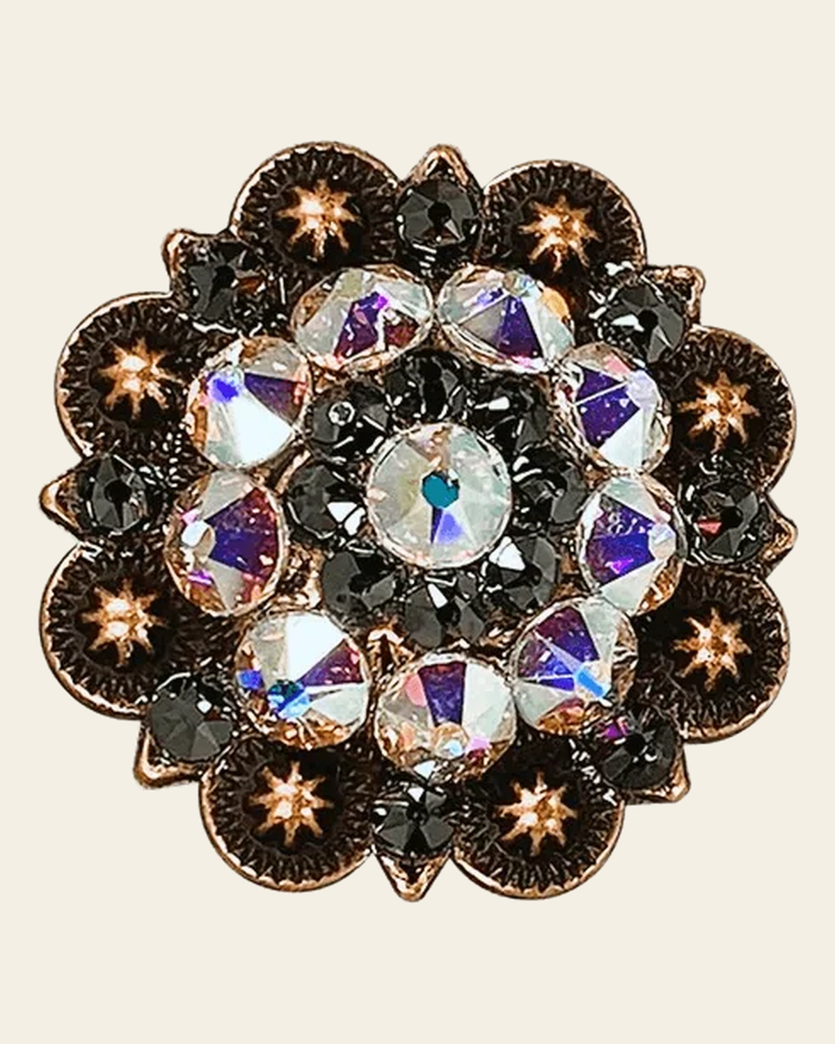 AB & Jet Copper 1.5" European Crystal Concho on a warm cream background