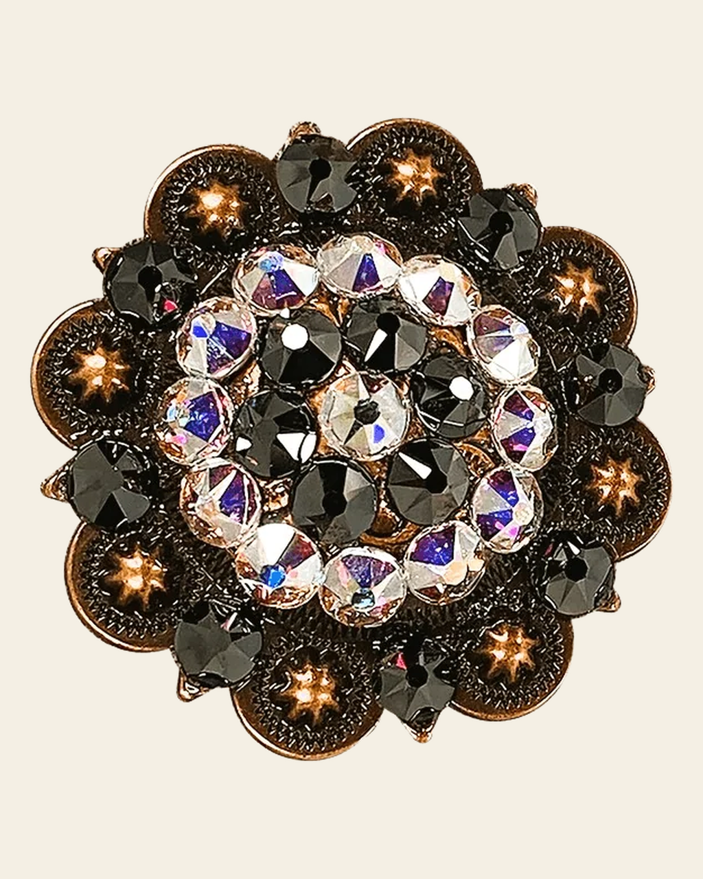 AB & Jet Copper 2" European Crystal Concho on a warm cream background