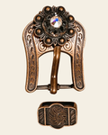 AB & Jet Copper European Crystal Buckle Keeper Set on a warm cream background