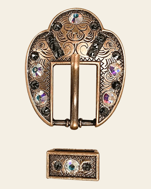 AB & Jet Copper European Crystal Fancy Buckle on a warm cream background