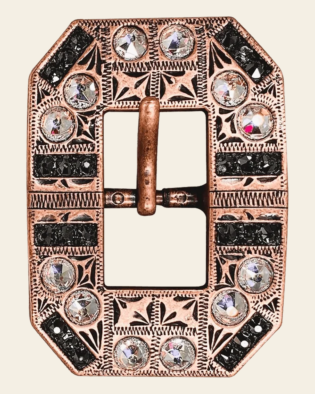 AB & Jet Copper European Crystal Square Cart Buckle on a warm cream background
