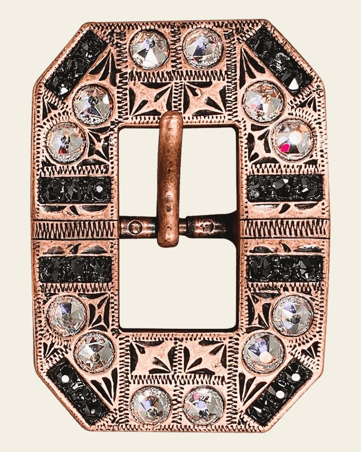 AB & Jet Copper European Crystal Square Cart Buckle on a warm cream background