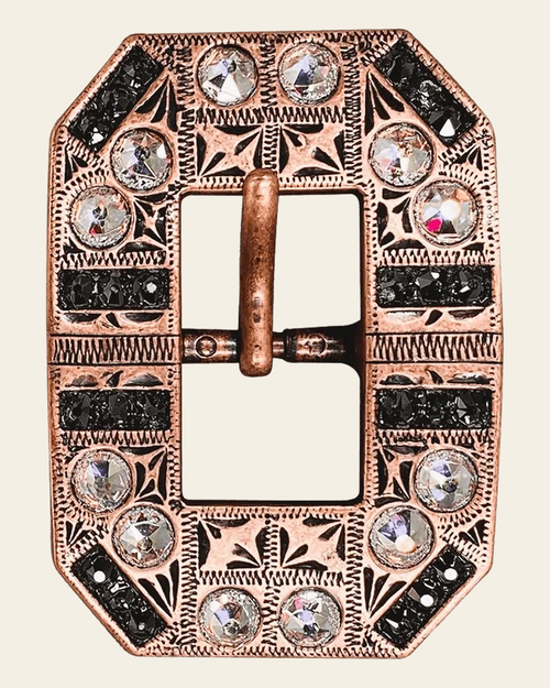 AB & Jet Copper European Crystal Square Cart Buckle on a warm cream background